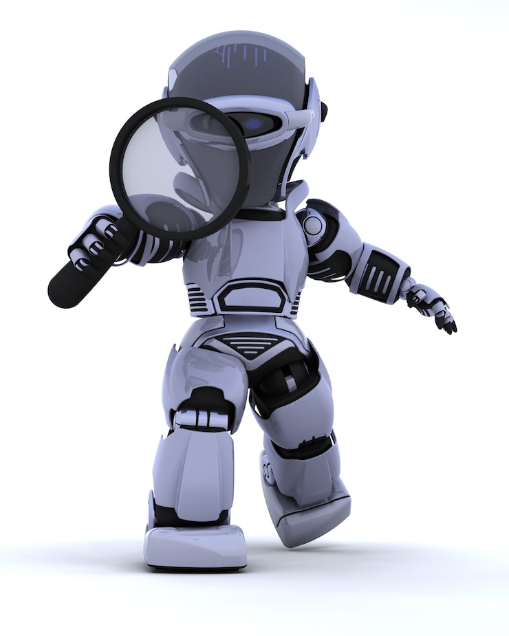 Foto gratuito 3d rendering di un robot che cerca con lente d'ingrandimento