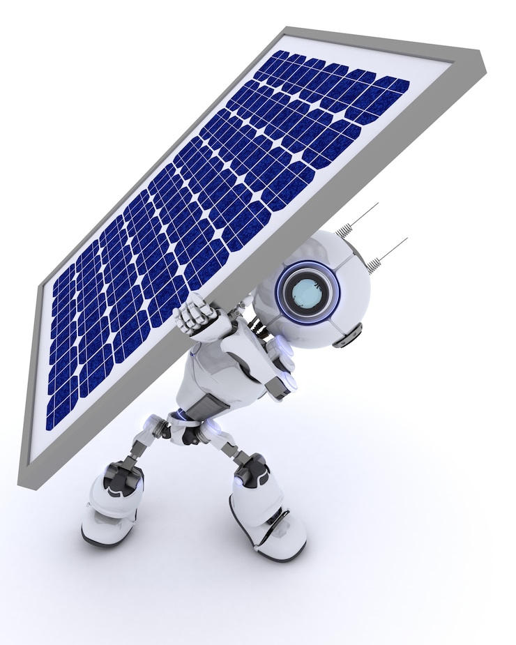 Foto gratuito 3d rendering di un robot con un pannello solare