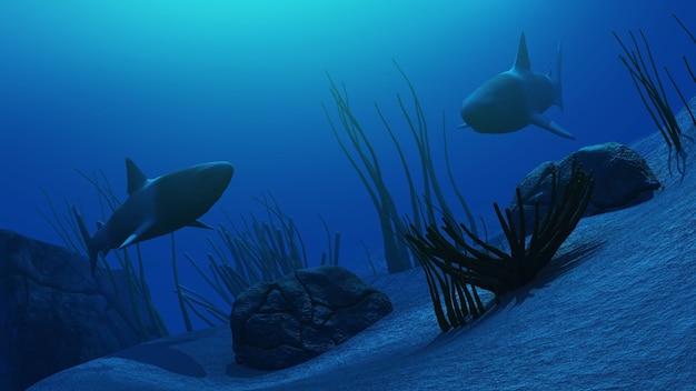 3D rendering di un sceme subacquea con gli squali