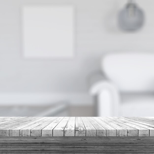 3D rendering di un tavolo di legno bianco che guarda fuori ad un interno della stanza defocussed