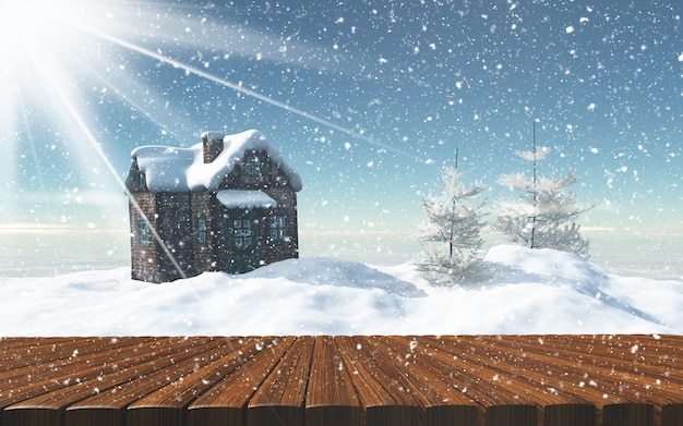 3D rendering di un tavolo di legno che guarda ad una paesaggio innevato