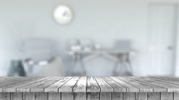 3D rendering di un tavolo di legno che guarda fuori ad un interno della stanza defocussed