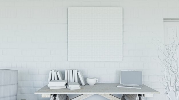 3D rendering di un ufficio con tela vuota sul muro di mattoni