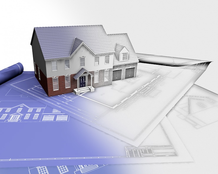 Foto gratuito 3d rendering di una casa su schemi con la metà in fase di abbozzo