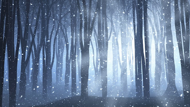 3D rendering di una scena di foresta con i raggi splende attraverso e la neve