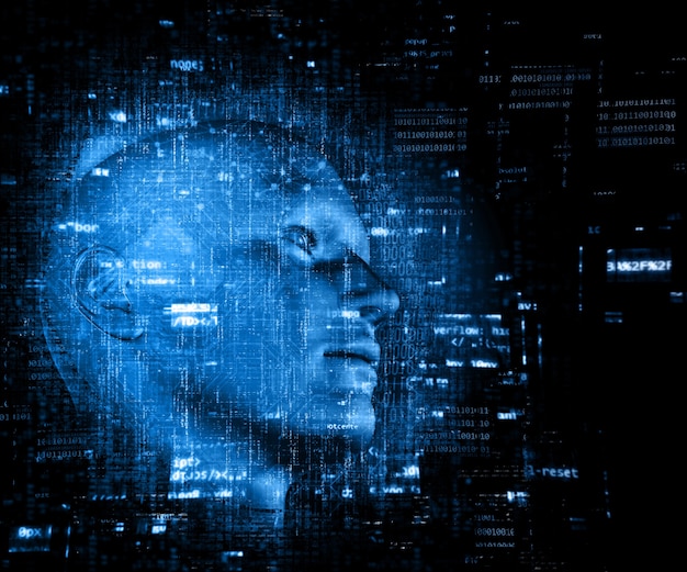 3D rendering di uno sfondo di tecnologia con codice su testa maschile