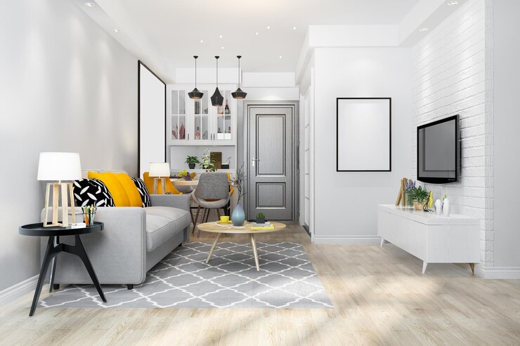 Foto gratuito 3d rendering loft soggiorno di lusso con ripiano vicino al bancone del tavolo da pranzo