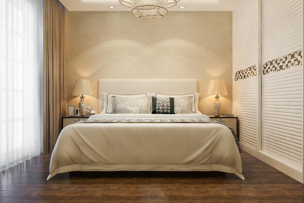 3D rendering lussuosa camera da letto moderna in albergo con guardaroba e walk in closet