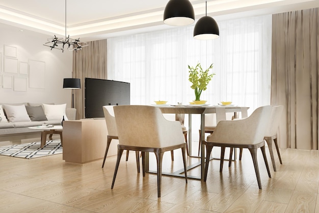 3d rendering moderna sala da pranzo e soggiorno con arredamento di lusso