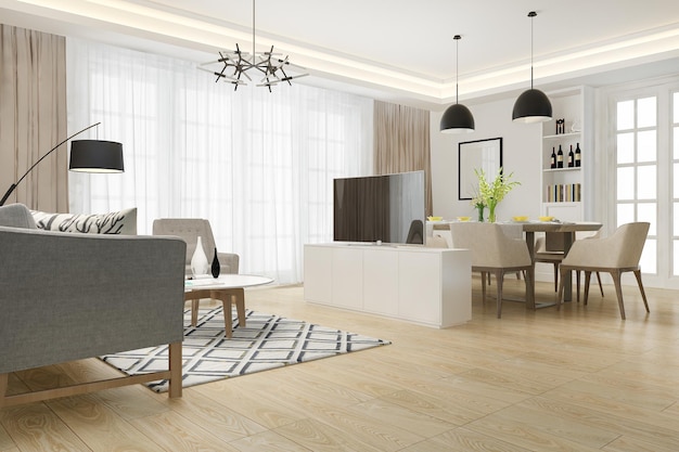 3d rendering moderna sala da pranzo e soggiorno con arredamento di lusso