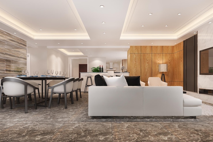 Foto gratuito 3d rendering sala da pranzo moderna e soggiorno con arredamento di lusso