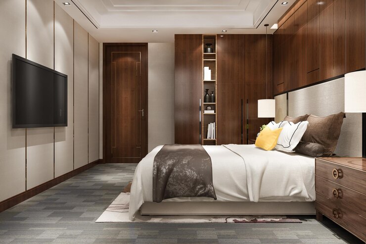 Foto gratuito 3d rendering suite camera da letto di lusso in albergo con tv e armadi e guardaroba