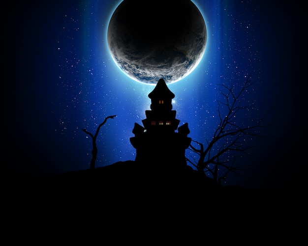 3D sfondo di Halloween con la silhouette di un castello spettrale contro un pianeta immaginario nel cielo notturno