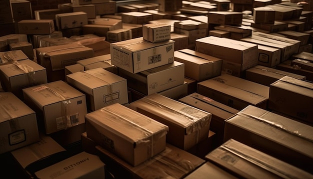 Abbondanti casse si impilano in un magazzino pieno di cartone generato dall'intelligenza artificiale
