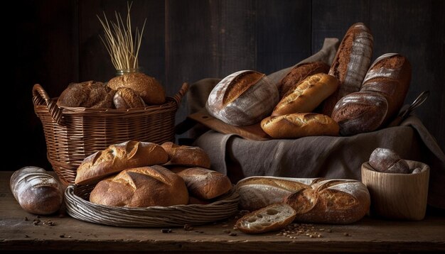 Abbondanza di cestino rustico di pane francese appena sfornato generato da AI