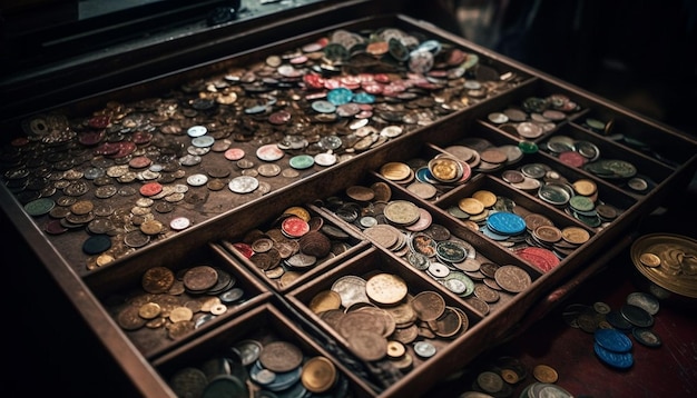 Abbondanza di gioielli in metallo lucido in un vecchio negozio al dettaglio generato dall'intelligenza artificiale
