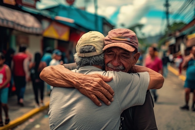 Abbracciare degli amici maschii senior di vista frontale