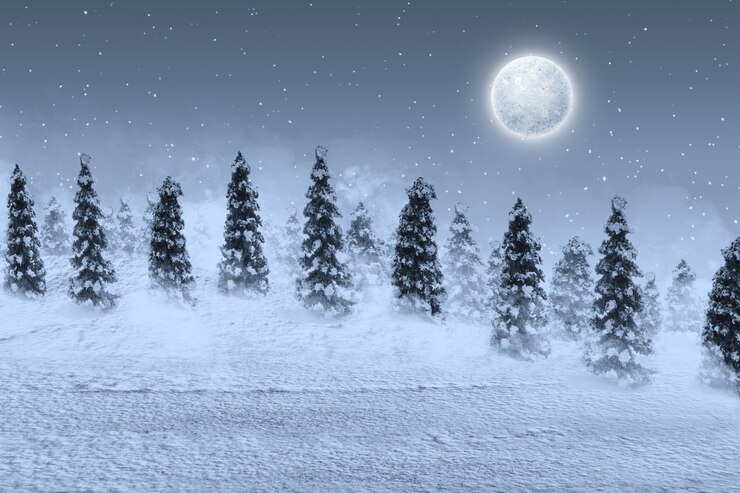 Abeti innevati con nevicate e luna piena di notte
