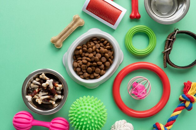 Accessori per animali ancora in vita con osso da masticare e giocattoli