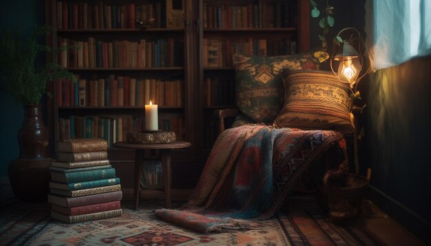 Accogliente camera da letto con libreria moderna poltrona antica e lanterna illuminata generata da AI