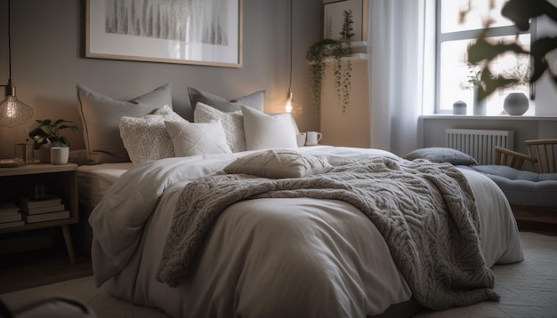 Accogliente camera da letto di lusso con eleganza e comfort moderni generati da AI