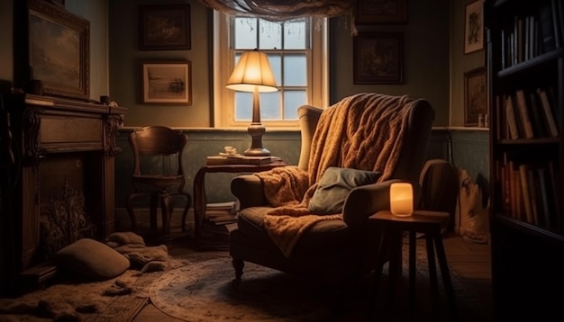 Accogliente soggiorno rustico con eleganza moderna e decorazioni antiche generate da AI