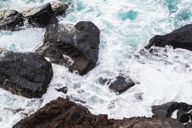 Acqua ondulata del primo piano alla riva rocciosa