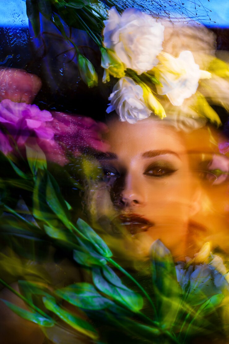 Foto gratuito adatti la bella ragazza con trucco luminoso fra i eustomas.