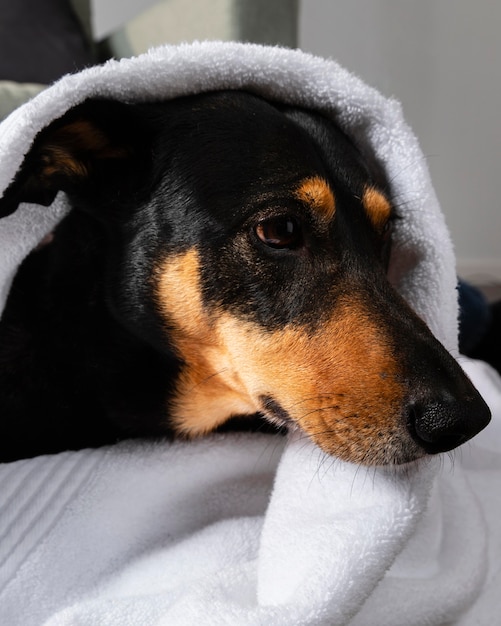 Adorabile cane ricoperto di asciugamano