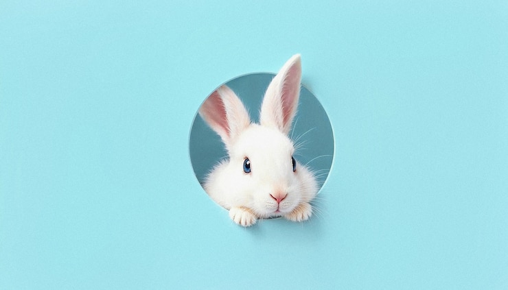 Foto gratuito adorabile coniglietto bianco che sbircia attraverso il buco