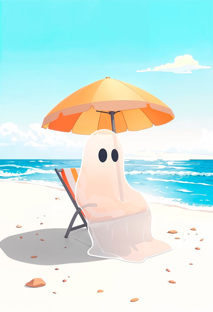 Foto gratuito adorabile fantasma sulla spiaggia illustrazione