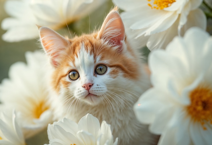 Foto gratuito adorabile ritratto di animale domestico circondato da fiori