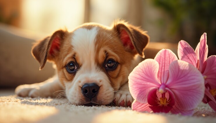 Foto gratuito adorabile ritratto di animale domestico circondato da fiori