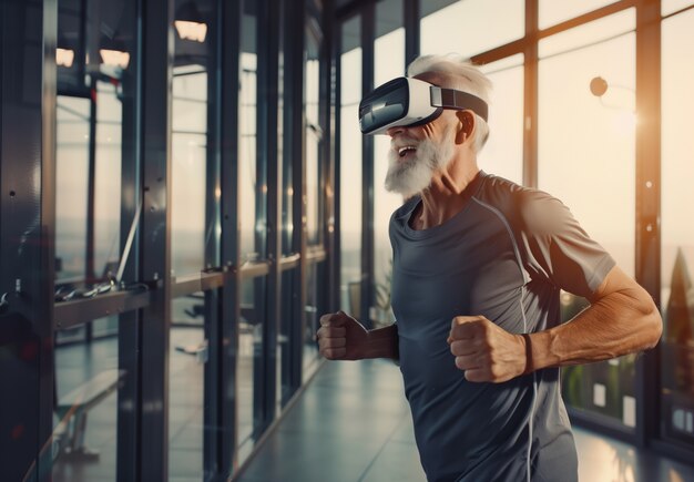 Adulti che fanno fitness attraverso la realtà virtuale