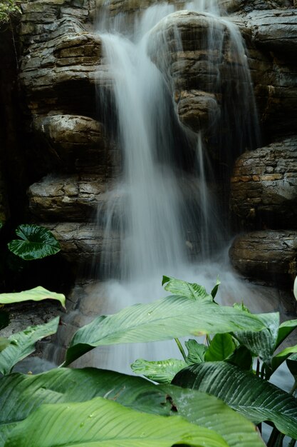 Affascinante immagine verticale di una cascata che scorre schizzando sulle rocce