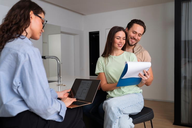 Foto gratuito agente immobiliare di vista laterale che presenta casa
