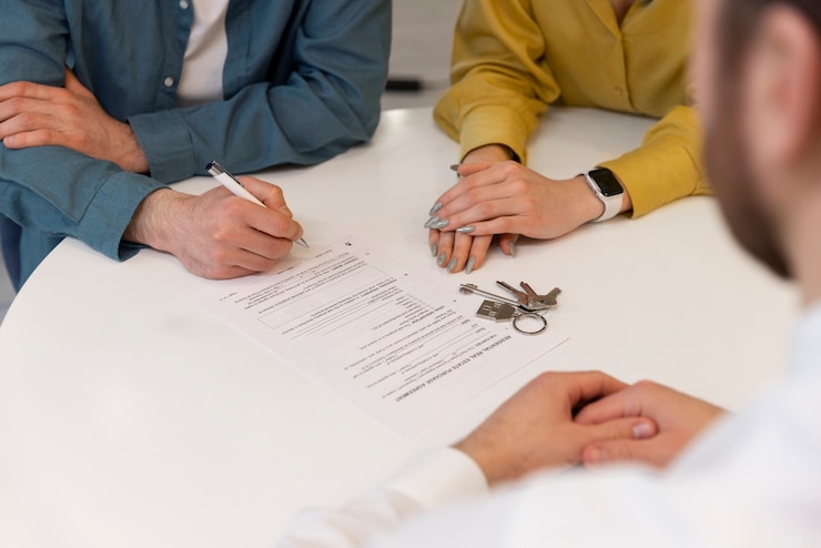 Foto gratuito agente immobiliare maschio che fa affari e mostra casa a potenziali coppie di acquirenti