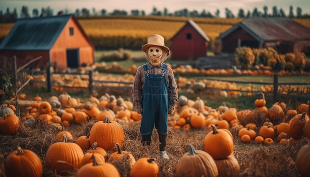 Agricoltore caucasico che tiene zucca sorridente in autunno generato da AI