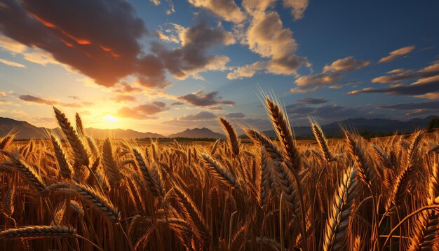 Agricoltura con natura e scena rurale tramonto fattoria estiva luce solare del grano del sole generata dall'intelligenza artificiale