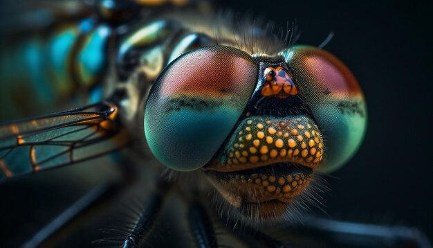 Ala di mosca domestica multicolore con messa a fuoco selettiva generata dall'intelligenza artificiale