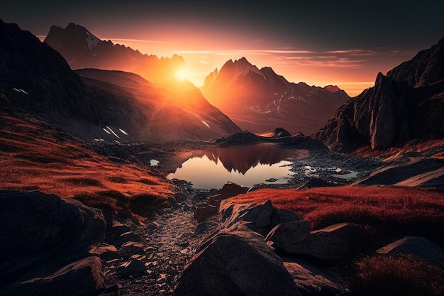 Alba panoramica in alta montagna delle alpi IA generativa