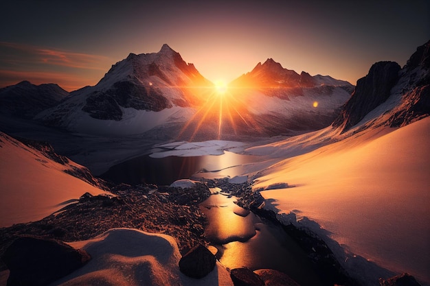 Alba panoramica in alta montagna delle alpi IA generativa