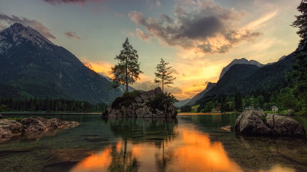 Alberi verdi vicino al lago sotto il cielo nuvoloso durante il giorno