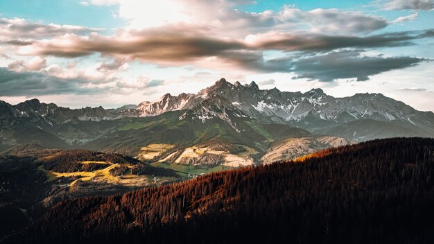 Alberi verdi vicino alla montagna innevata durante il giorno