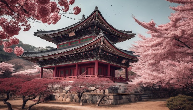 Albero dei fiori di ciliegio nell'antica pagoda giapponese generato dall'intelligenza artificiale
