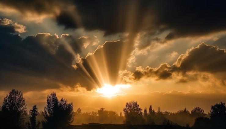 Foto gratuito albero della siluetta retroilluminato dal vibrante cielo al tramonto generato dall'intelligenza artificiale