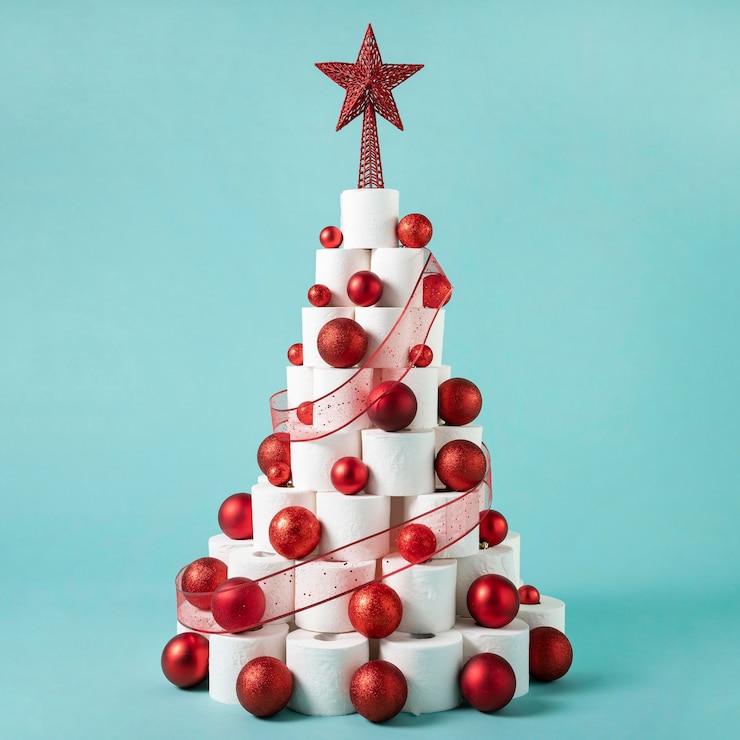 Foto gratuito albero di carta igienica di natale con palle di natale e riccioli
