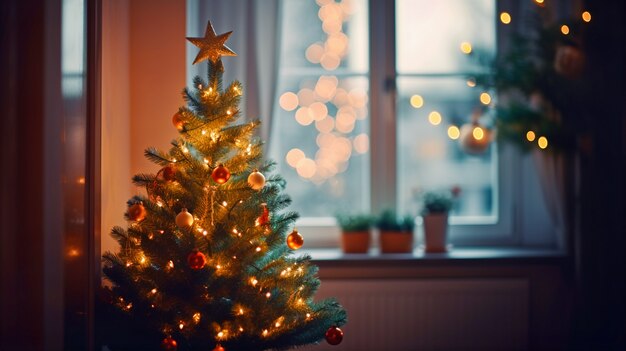 Albero di Natale al coperto decorato con molti ornamenti