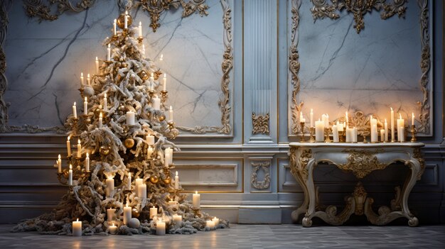 Albero di Natale al coperto decorato con molti ornamenti