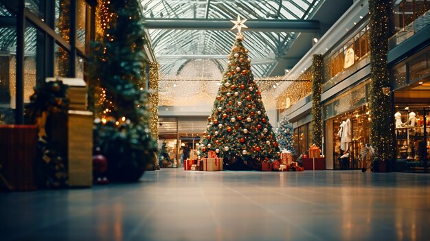 Albero di Natale decorato con ornamenti in uno spazio pubblico